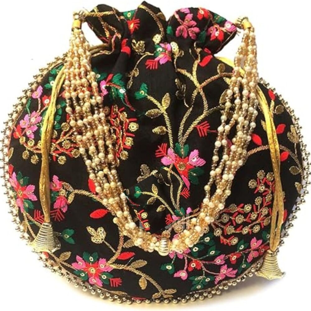 Potli Bag For Women Ethnic Designer Embroidery Work Batwa Pearls Handle With Int